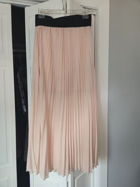 Pleated Chiffon Midi Skirt - Blush with Black Waistband